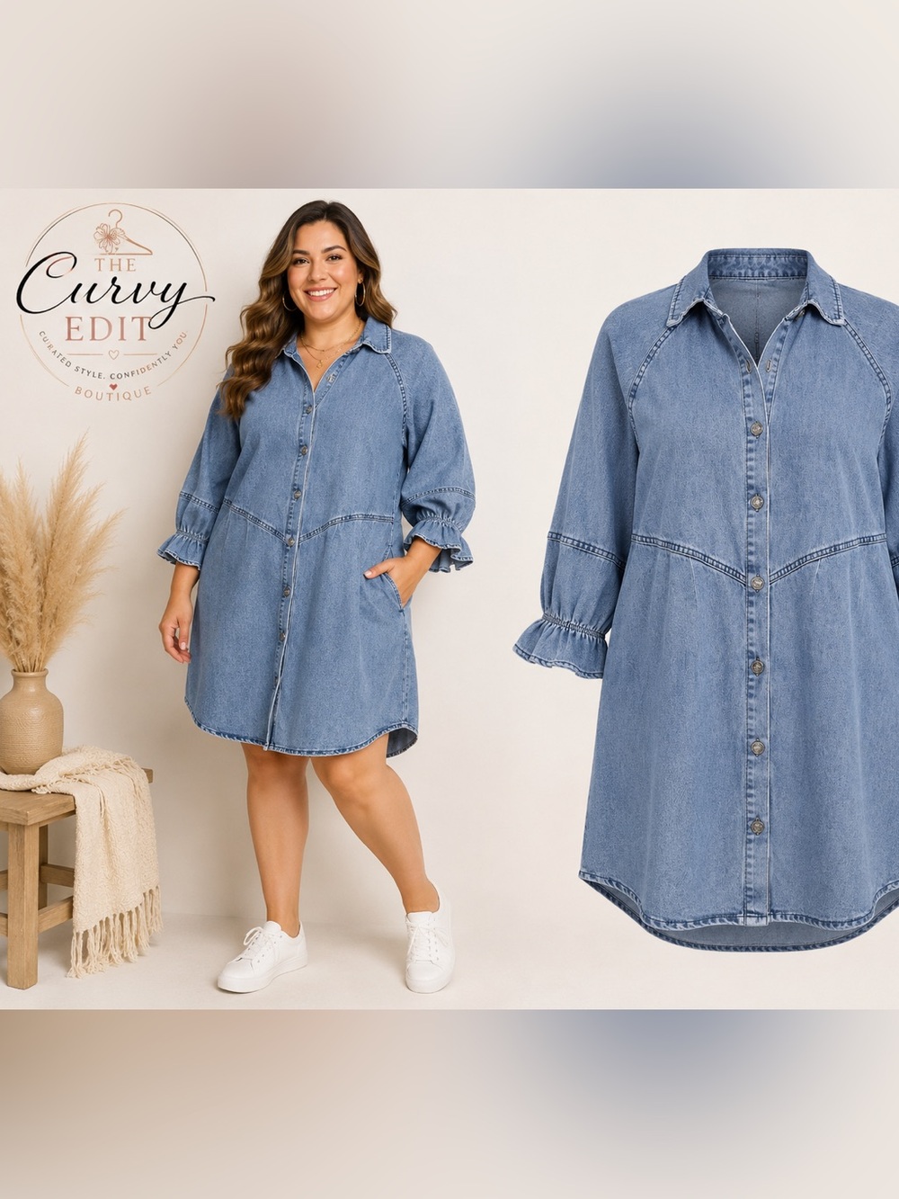 Chambray Button Front Shirt Dress Ruffle Sleeve Denim Est. Size Large Casual